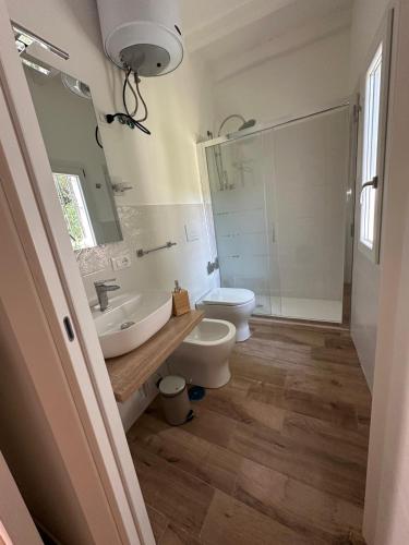 a bathroom with a sink and a toilet and a mirror at Il Glicine in Parma