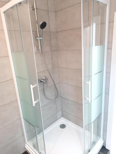 a shower with a glass enclosure in a bathroom at Apartments Romantic and Family Room Zemlinski in Payerbach