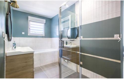une salle de bain avec douche et lavabo dans l'établissement Appartement Terrasse, à Arras