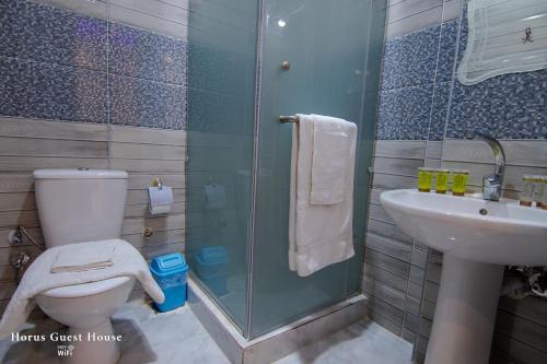 un bagno con doccia, WC e lavandino di Horus Guest House Pyramids a Il Cairo
