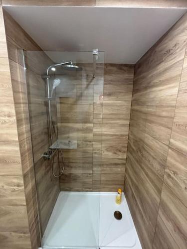 une douche avec une porte vitrée dans une salle de bain dans l'établissement A4 - neuf 2024 - ORLY - PARIS EXPO - 5 chambres, à Antony