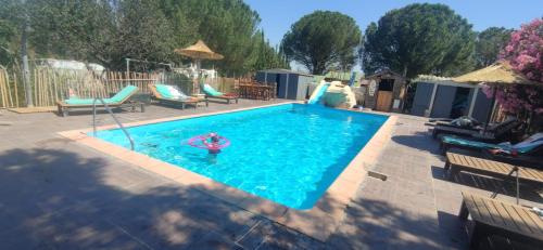 - une piscine avec un jouet dans l'eau dans l'établissement Mobilhome vintage dans camping a la ferme, à Ponteilla
