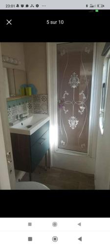 La salle de bains est pourvue d'une porte peinte sur un arbre. dans l'établissement Mobilhome vintage dans camping a la ferme, à Ponteilla