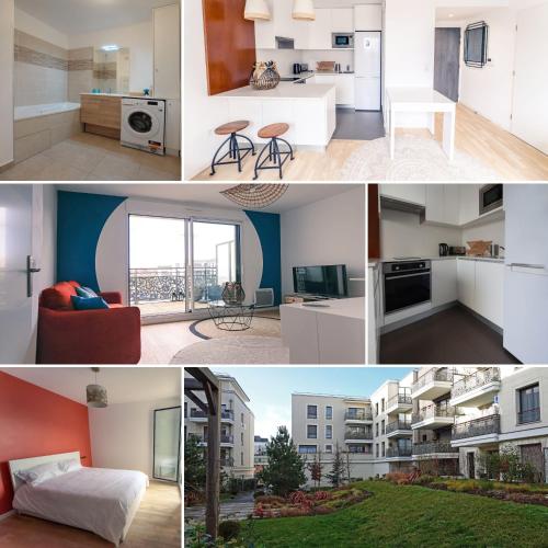 un collage de photos d'un appartement dans l'établissement Appartement résidence neuve proche Versailles, à Saint-Cyr-lʼÉcole