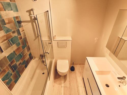 une salle de bain avec toilettes, douche et lavabo dans l'établissement Spacieux Appartement 2* près des pistes et du centre station - Courchevel Village - FR-1-514-41, à Courchevel