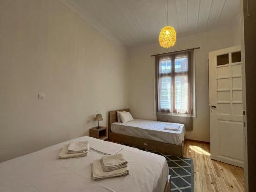 a bedroom with two beds and a window at Kona Apt Limenaria Thasos in Limenaria