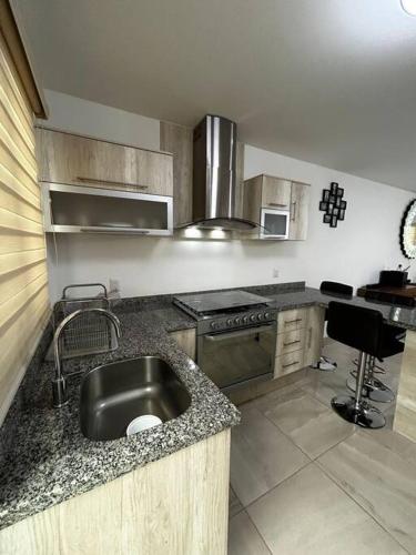 a kitchen with a stainless steel sink and a stove at Casa residencial León in San Isidro de los López