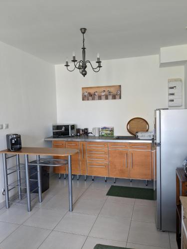 a kitchen with a table and a refrigerator at Les Jolis Nids - Studio Moineau in La Roche-Posay