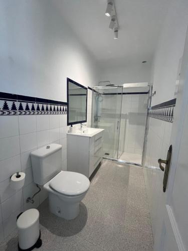 a white bathroom with a toilet and a shower at Cráter 1 in El Paso