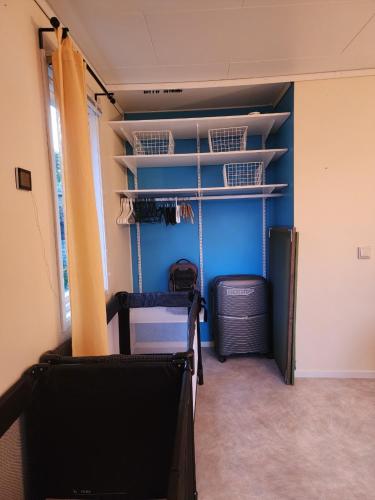 a room with a closet with blue walls and shelves at Vänern Lakeside Cliff House in Karlstad