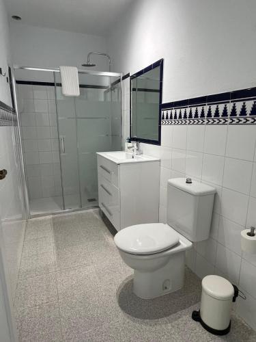a white bathroom with a toilet and a shower at CRÁTER 2 in El Paso