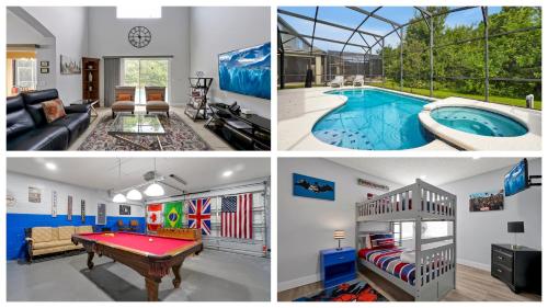 a collage of pictures of a house with a pool at Walkin' on Sunshine - 5 bed pool home in Terra Verde Resort near Disney in Kissimmee