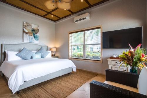 a bedroom with a bed and a flat screen tv at Placencia Resort in Maya Beach