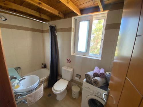La salle de bains est pourvue d'un lavabo, de toilettes et d'une fenêtre. dans l'établissement Despoina's Maisonette at Rafaella Resort, à Kokóni