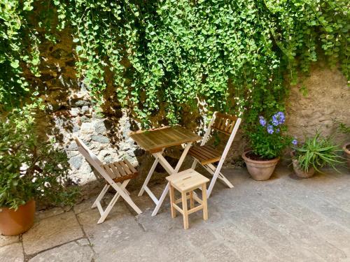 two chairs and a wooden table and chairs next to a hedge at Appartamento I Canali in Rio nellʼElba