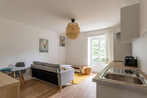 une cuisine avec un évier et un canapé dans une chambre dans l'établissement Appart La butte Sainte Anne, à Nantes