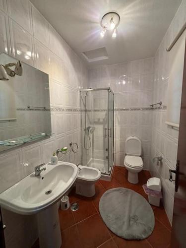 a bathroom with a sink and a toilet and a shower at Casa das Oliveiras in Celorico de Basto