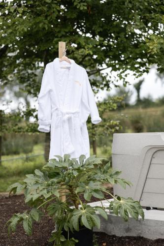 a white robe is hanging on a hanger next to a plant at LakEscape - Waterfront Self- Catering Cabins in Enniskillen