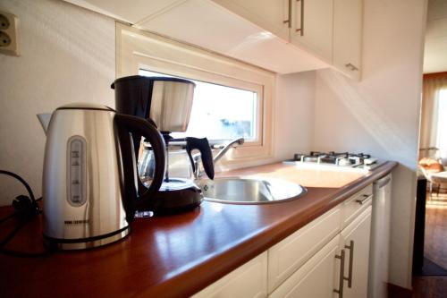 a kitchen counter with a coffee maker and a sink at Chalet nabij water in Langweer in Langweer