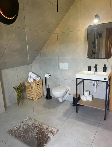 a bathroom with a toilet and a sink at Góralska Chata & Spa in Muszyna