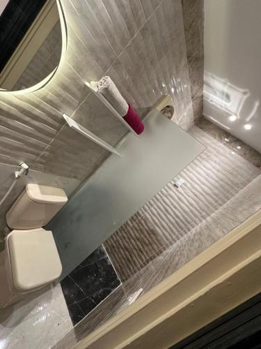 a bathroom with a toilet and a mirror at شقه بالمهندسين أول سكن لأصحاب الذوق الرفيع in Cairo