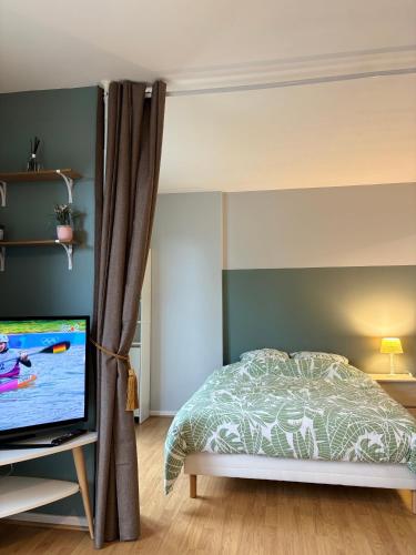 une chambre avec un lit et une télévision à écran plat dans l'établissement Studio Bailly, à Bailly-Romainvilliers
