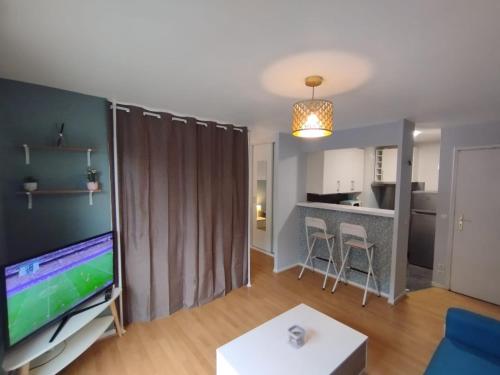 Il comprend un salon avec une télévision à écran plat et une cuisine. dans l'établissement Studio Bailly, à Bailly-Romainvilliers
