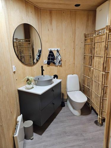a bathroom with a sink and a toilet and a mirror at Kieloranta in Kuopio