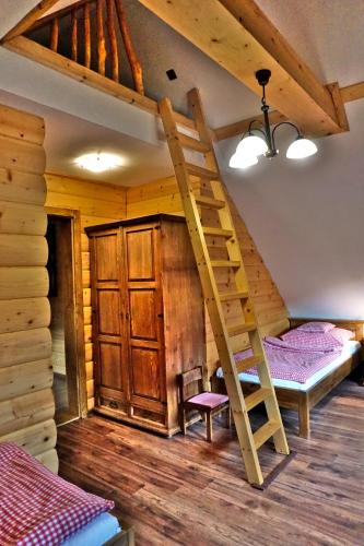 a room with a ladder in a log cabin at Bačova drevenica in Liptovský Ján