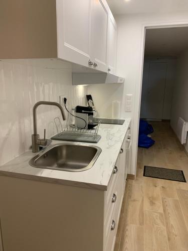 une cuisine avec un évier et un mixeur sur un comptoir dans l'établissement La Tour, à Léré