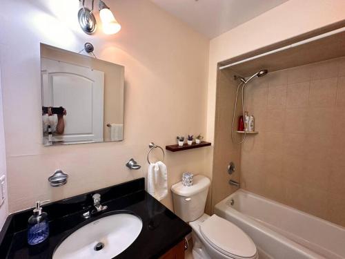 a bathroom with a sink and a toilet and a tub at Lovely 2 Bedrooms Apartment in Scotch Plains
