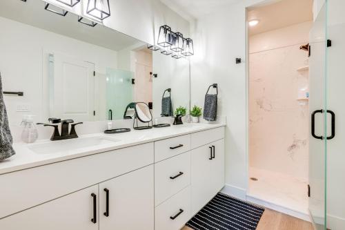 a bathroom with a sink and a shower at Cedar City Retreat - 18 Mi to Zion National Park! in Cedar City