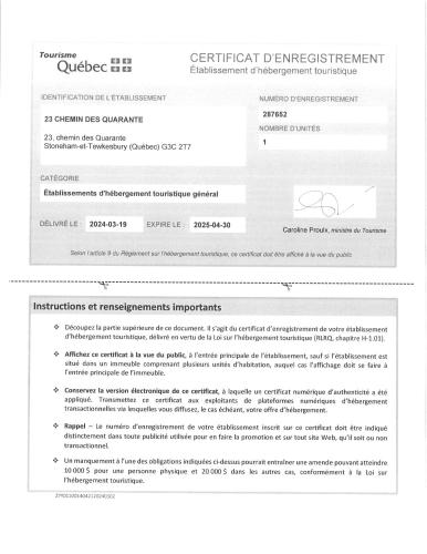 a screenshot of a document with the credentials for a credential beneficiary at Chalet 23 Chemin des Quarante by Les Chalets Alpins in Stoneham
