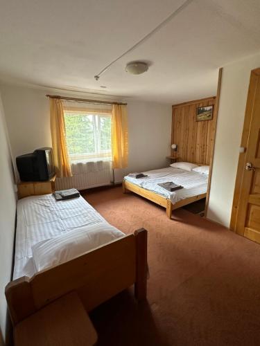 a bedroom with two beds and a window at Plai in Dragobrat