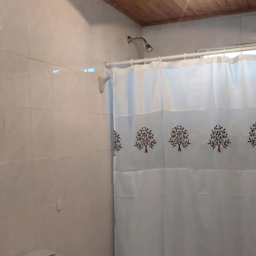 a bathroom with a shower with a white shower curtain at Casa bosque de Sol in Malargüe