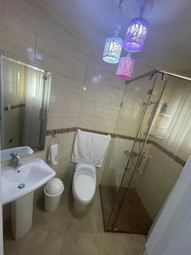 a bathroom with a toilet and a sink and lights at Bienvenido a su casa in Concepción de La Vega
