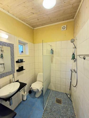 a bathroom with a shower and a sink and a toilet at Stranda apartment in Stranda