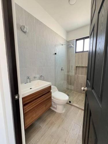 a bathroom with a toilet and a sink and a shower at Casa VillaTeques alberca jacuzzi in Tequesquitengo