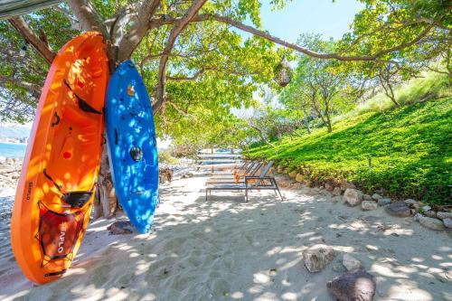 two surfboards hanging from a tree on the beach at Beachfront house in Kupuri Punta Mita in Puerto Vallarta