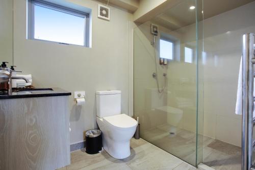 a bathroom with a toilet and a glass shower at Ellerslie Palms Motel in Auckland