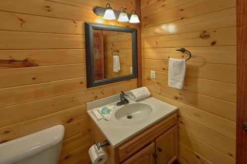 a bathroom with a sink and a mirror at Sweet Tranquility Pool Lodge in Cosby