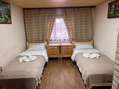 two twin beds in a room with a window at Будиночок Мойсейчуків in Krivorovnya