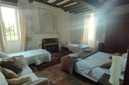a living room with two beds and a fireplace at Domaine du prieuré Saint Ellier in  Charcé-Saint-Ellier-sur-Aubance