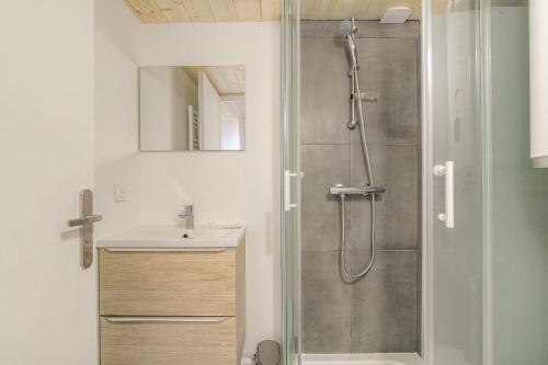 une salle de bain avec douche et lavabo dans l'établissement Cosy et Atypique Hôtel de Ville et quais du Rhône, à Lyon