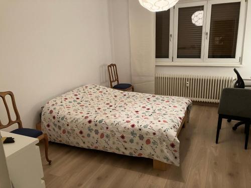 une chambre avec un lit et deux chaises et une fenêtre dans l'établissement Chez Gary, à Strasbourg