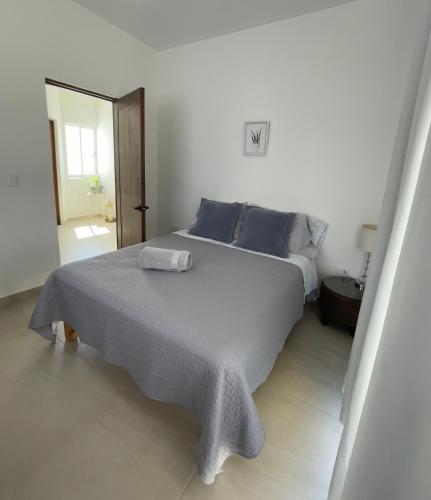 a white bedroom with a large bed with blue pillows at Casa de Susie in Cabo San Lucas