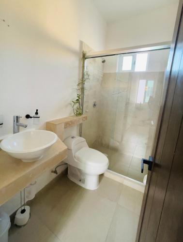 a bathroom with a sink and a toilet and a shower at Casa de Susie in Cabo San Lucas