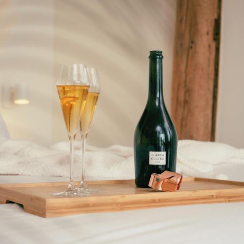 two glasses of wine and a bottle on a tray at Op Oost Boutique hotel & Restaurant het Kook Atelier in Oosterend