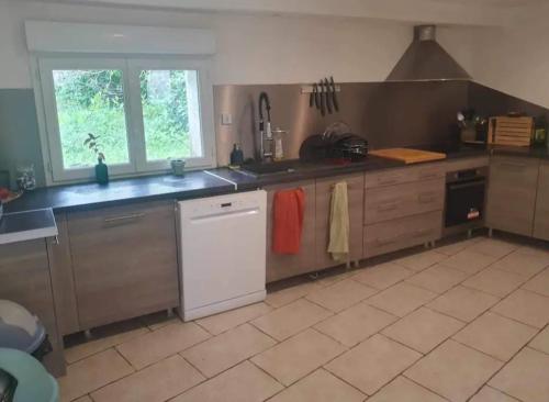 une cuisine avec un évier et un lave-vaisselle dans l'établissement Chambre chez l'habitant avec petit déjeuner à 5 mins du Futuroscope, à Chasseneuil-du-Poitou