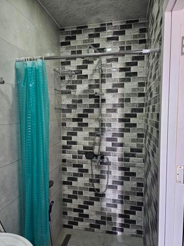 a bathroom with a shower with a tile wall at Gonio Apartment Seaview in Kvariati